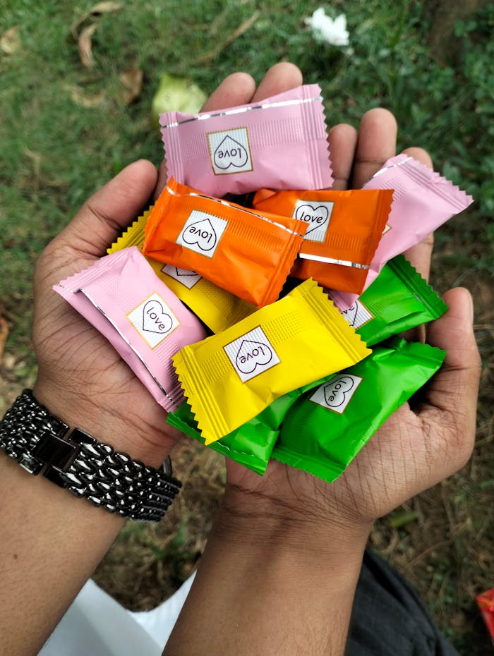 Hands holding colorful candy wrappers with 'Love' labels, outdoors on grassy ground.
