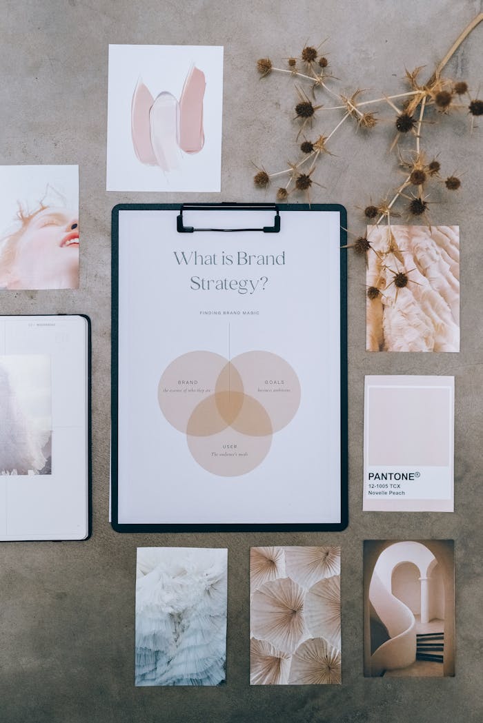Artistic flat lay featuring a brand strategy chart surrounded by design elements and neutral tones.